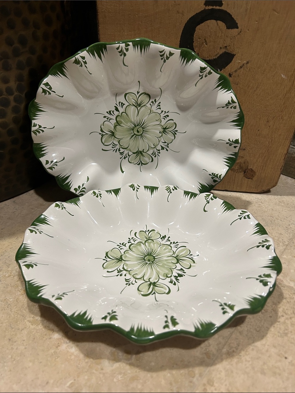 2 Vintage Vestal White Ceramic Decorative Bowls with Green Floral Motif
